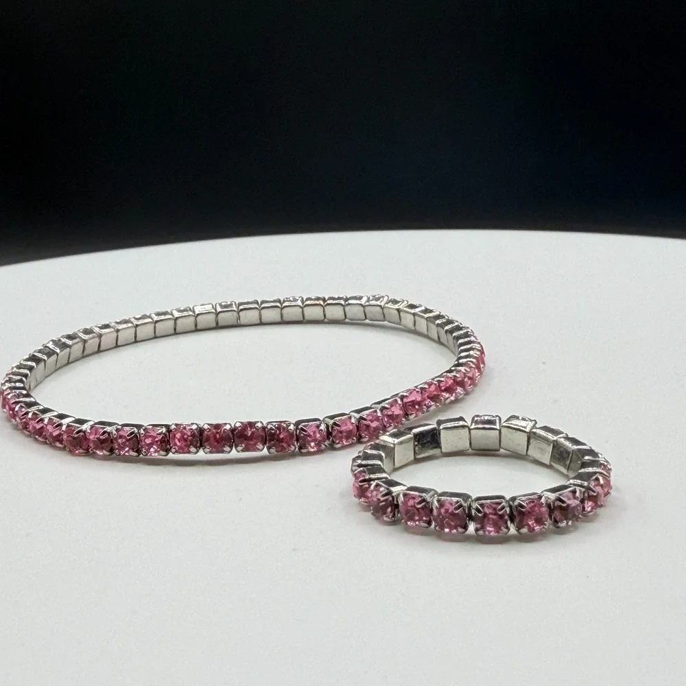 Pink Rhinestone Stretch Bracelet Ring Set Silver Tone Coquette Y2K Sparkle Gift